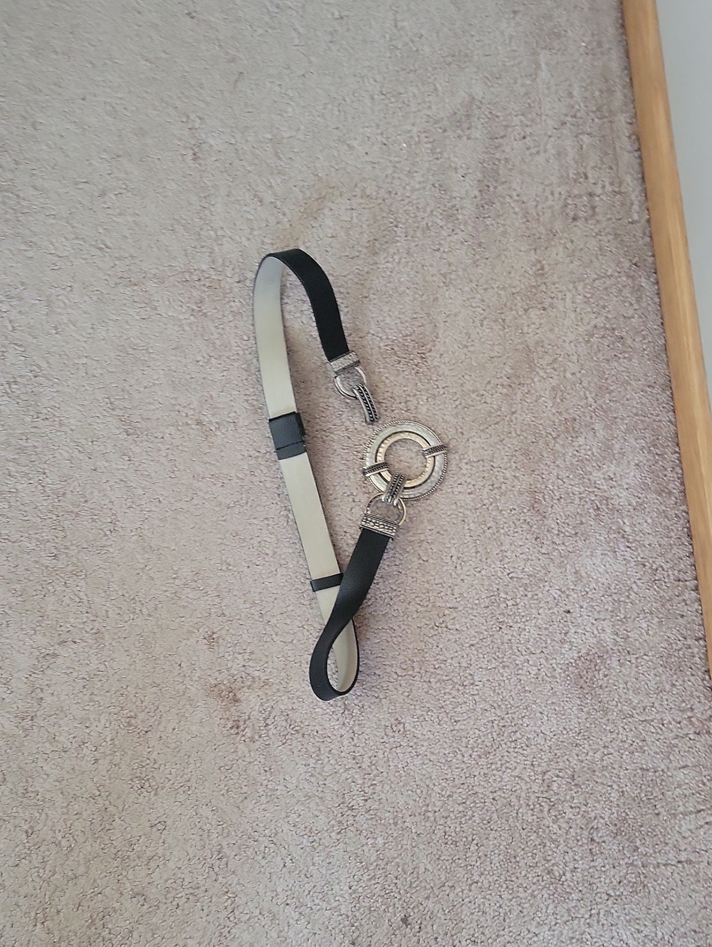 Black and Ivory Elastic Waist Belt with Decorative Silver-Tone Buckle